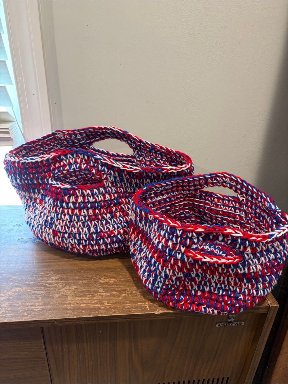 Hand Crafted Red, White & Blue Crochet Storage Baskets - Set of 2 - Picture 2 of 4